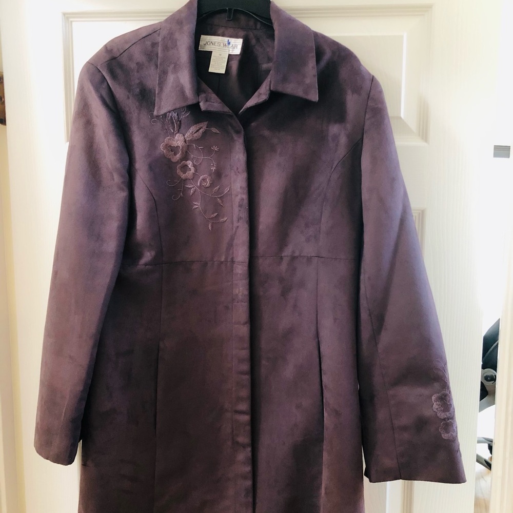 Vintage Jones Wear Purple Embroidered Suede Like Trench Coat With Pockets